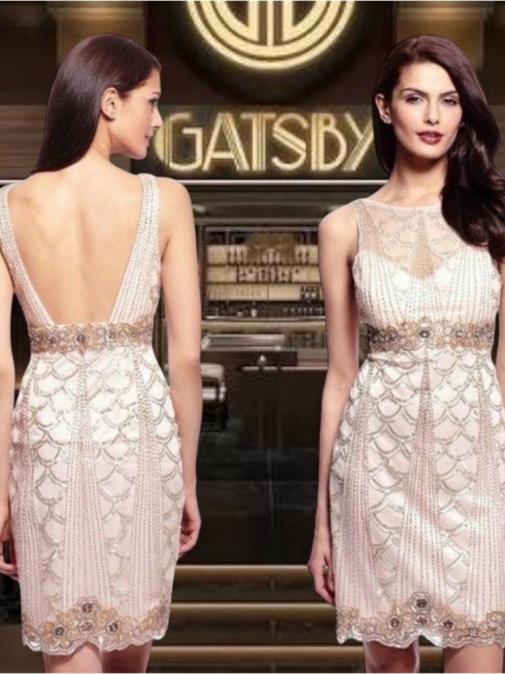 Vintage 1920s flapper Sue Wong Nocturne Gatsby beaded cocktail dress champagne